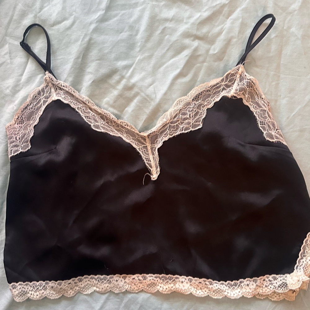 Black silky crop top with white lace trip- Women’s small
